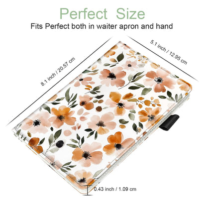 WAVEYU Cute Server Books for Waitress Waiter, Leather Guest Book Note Pad with Zipper, Money Organizer Wallet, Cash Check Bill Receipt Holder Presenter, 8x5 inch, Floral Pattern