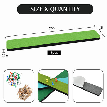 Vuzvuv 8 pcs Bulletin Board Bar Strips with 50 Pushpins & 10 Wooden Clip pins，Self Adhesive Cork Board for Wall，Felt Pin Board for School，Office Decor(Multi-Green)