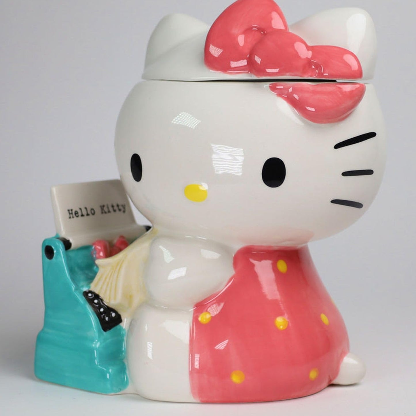 Blue Sky Clayworks Hello Kitty Classic Retro Typewriter Cookie and Snack Jar, 8-inch Height, Home & Kitchen Accessories, Gift, Ceramic, 23704