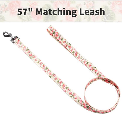 Ihoming Dog Collar and Leash Set for Daily Outdoor Walking Running Training, Pink Flowers Design for Small Boys Girls Dogs Cats Pets, S-Up to 20LBS