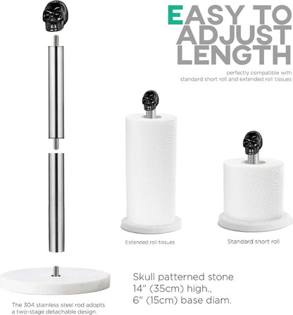 Homestia Skull Paper Towel Holder - Black Obsidian Gothic Marble Stainless Steel Countertop Stand, Weighted Non-Slip Base, Fits Standard & Jumbo Rolls for Kitchen Bathroom
