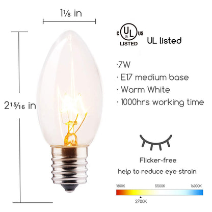 Minetom C9 Clear Replacement Bulbs for Christmas Lights, 100 Pack, E17 Intermediate Base, 7 Watt, Warm White