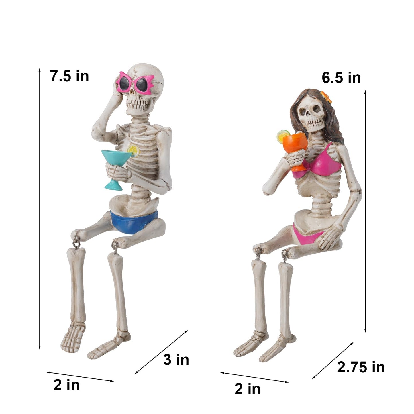 Summer Decorations Halloween Skeleton Statue - Collectible Figurines Summerween Couple with Dangling Leg Bikini Sunglass 7.5H in Perfect for Coastal Tropical Ocean Beach Pool Decor Newman House Studio