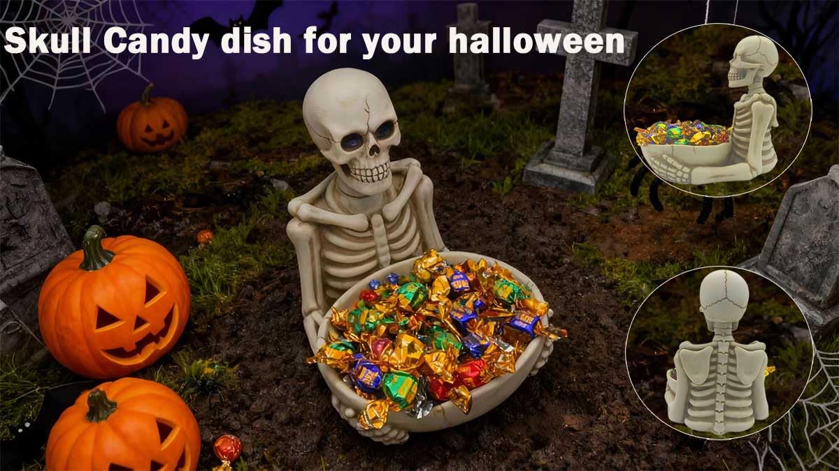 Skull Decor-Halloween Candy Bowl Dish Large for Home Office Desk Decorations,Key Bowl for Entryway Table,Skull Candy Tray Holder Snack with Hand,Skulls Serving Bowl Desk Decor (H 9.1")