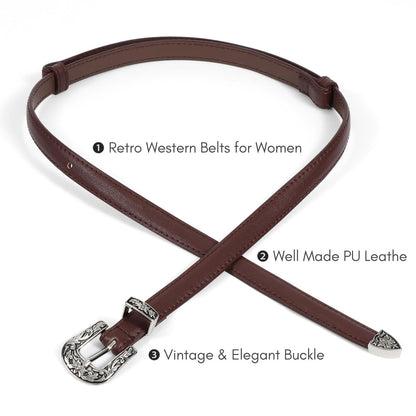 SUOSDEY Western Skinny Leather Belts for Women Adjustable Thin Waist Belt for Dresses with Vintage Buckle