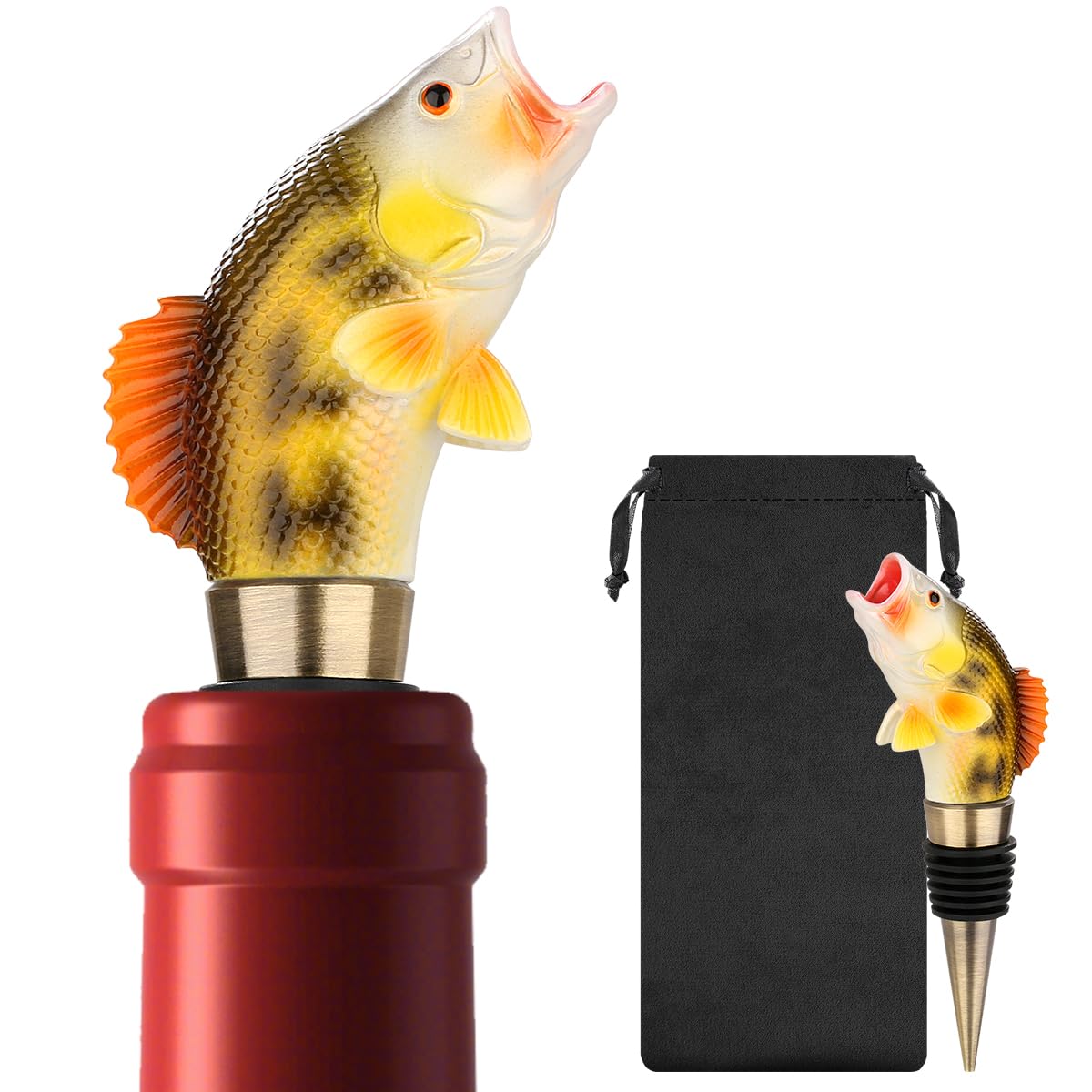 Resin Bass Head Wine Stopper, with Bronze Cone, 2-in-1 Bottle Stopper, Removable Wine Stoppers with Gift Bag, Beer Gift for Men, Beer Accessories for Birthday, Father's Day, Christmas