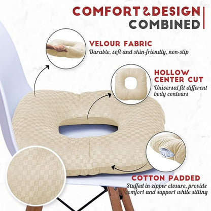 Stuffed Donut Pillow Seat Cushion | for Tailbone and Coccyx Pain, Hemorrhoids, Bed Sores, Pregnancy, Prostate, Surgery Recovery, Sitting Pressure Relief, for Home, Office and Car (Beige)