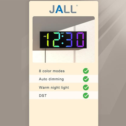 JALL 12" Large Digital Wall Clock, Big LED Number Dispaly, RGB Colors, DST, Night Light for Classroom Living Room Bedroom Mounted Birthday Xmas Gift for Senior, Mem Womem (A White Shell, 12 inches)
