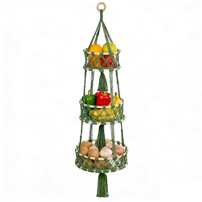 3 Tier Hanging Fruit Baskets for Kitchen, Macrame Plant Hanger Cotton Rope Handwoven Hammock Produce Storage Organizer Basket for Plants Holder, Vegetable, Onion, Potato (Green)