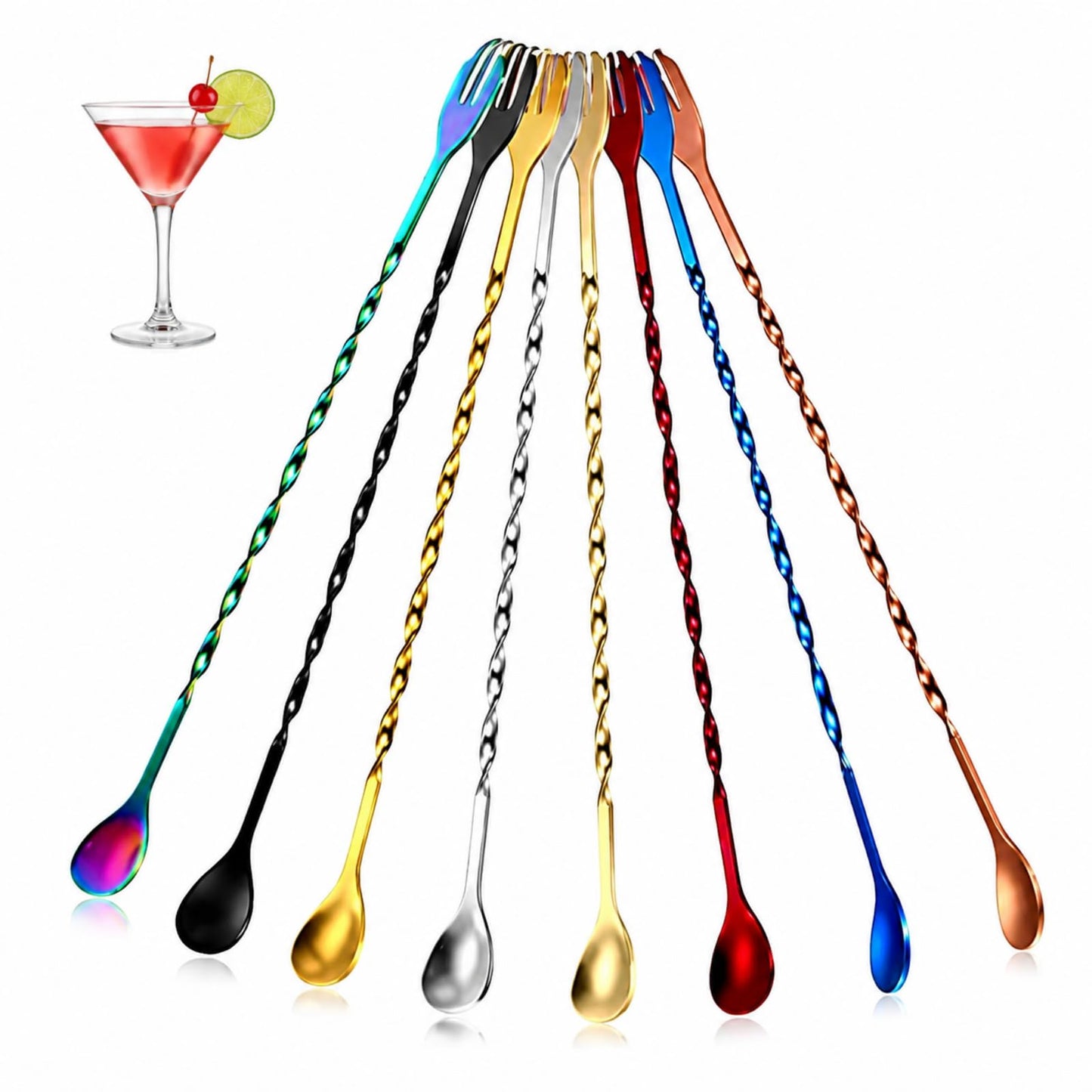 Boao 8 Pcs 10 Inch Long Bar Spoon Cocktail Spoon Stirring Mixing Stainless Steel Spiral Pattern Stirrers Spoons Dirty Soda Bar Supplies Gift for Bartender Home (Multicoloured)