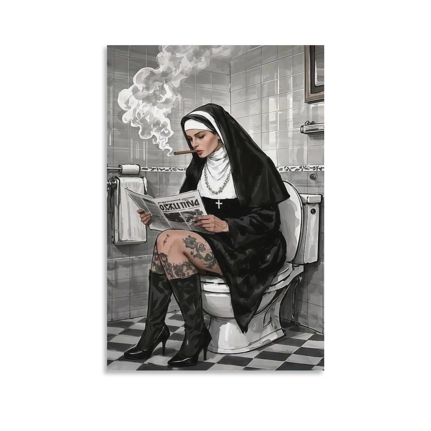 JHXNJDPOST Nun Smoking in Bathroom with Newspaper Poster Black And White Canvas Wall Art Aesthetic Decorative Painting Living Room Restaurants, Pool Halls And Hotelsstyle-6 12x18inch(30x45cm)