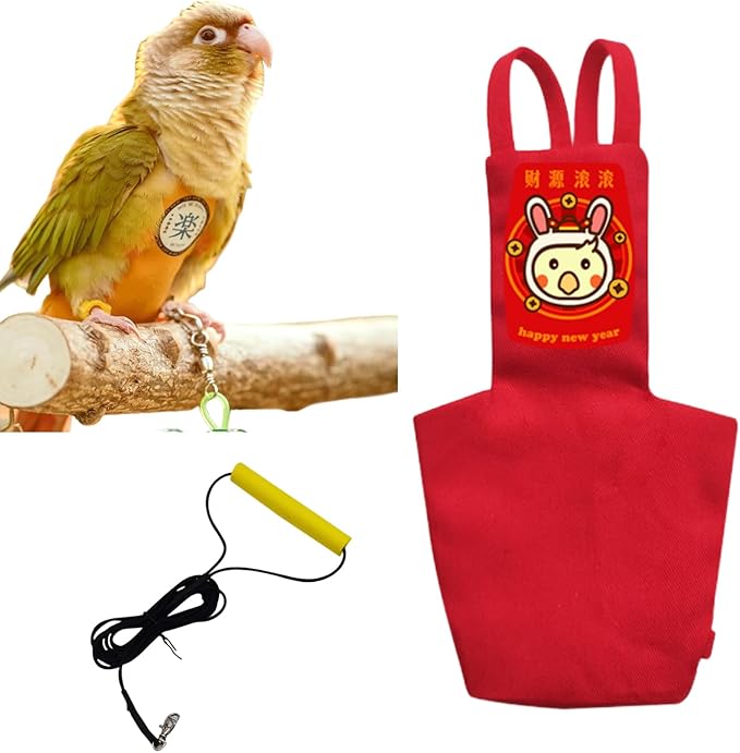 MANON ROSA Bird Diapers Leash Set Washable Reusable Handmade Flight Suit Waterproof Inner Layer - Protective Parrot Nappy Clothes Parakeets Macaws Budgies Canaries (Red1,Ring-Necked Parakeet)