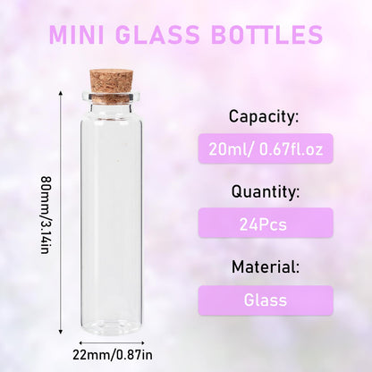 20 ml Small Glass Bottles with Cork, 24 Pack Mini Bottles with Twine & EXTRA Cork Stoppers, Small Vials with Lids, Tiny Spell Jar, Mini Potion Bottle, Message in a Bottle for Theme Party, Sand