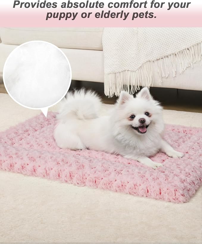 Washable Dog Bed Mat Crate Pad Soft Fluffy Pet Kennel Beds Dog Sleeping Mattress for Large Jumbo Medium Small Dogs, 30 x 19 Inch, Pink