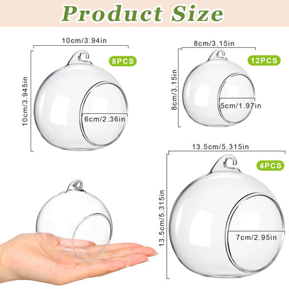 GlikCeil 24 Pcs 5.3'' 3.9'' 3.15'' Hanging Glass Tealights Candle Holder Large Globes Fillable Plant Clear Terrarium Orbs Air Plants Holder with Fishing Line Wedding Centerpiece Tree Decor