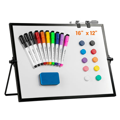 Dry Erase WhiteBoard, Aisuoker 16 x 12inch Magnetic Desktop Whiteboard with Stand, 10 Markers, 10 Magnets and 1 Eraser, Portable Double-Sided White Board for Kid Drawing Memo to Do and List Wall-Black
