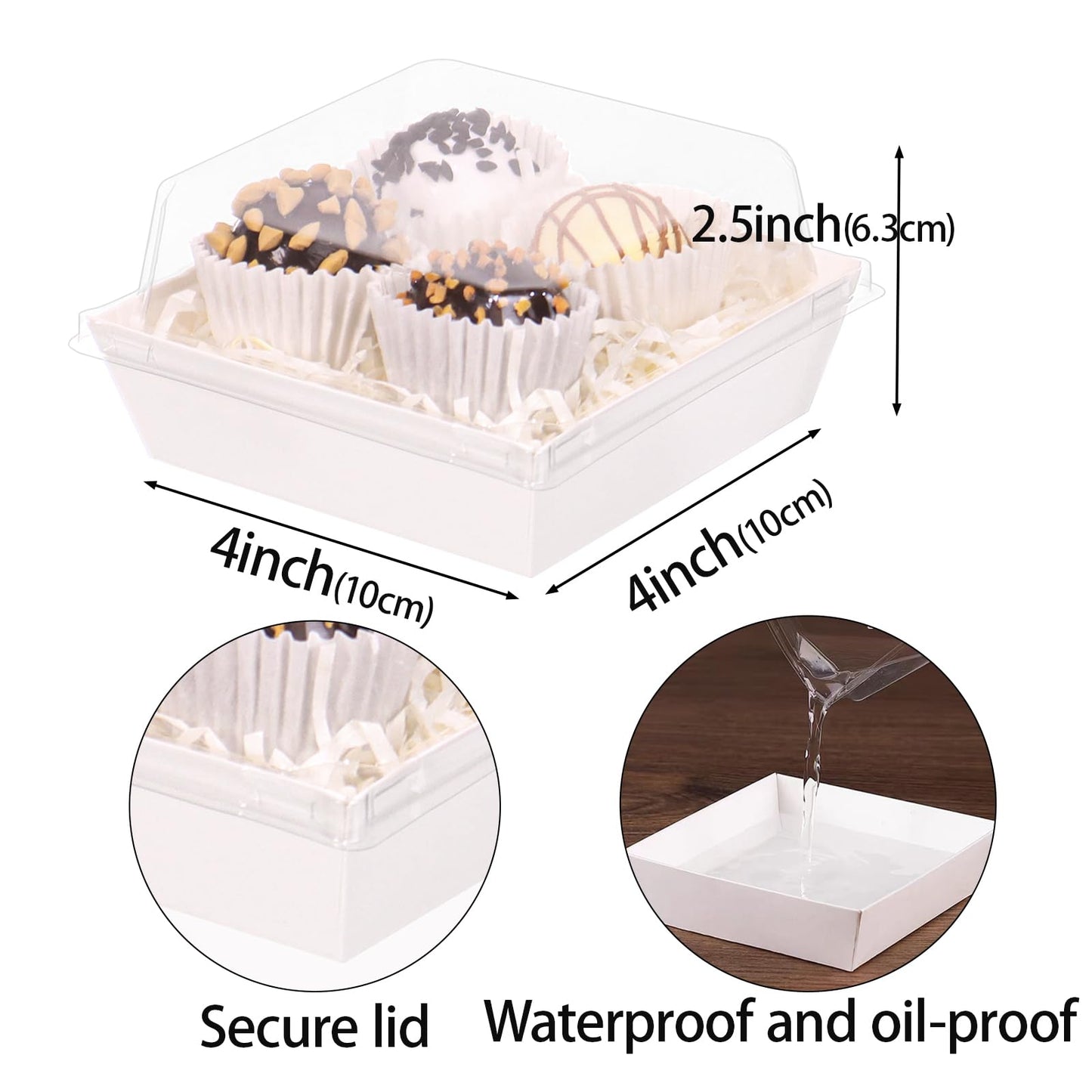 ROSPAKTEK 100Pack 4x4x2.5 Inches Charcuterie Boxes with Clear Lids - Bakery, Chocolate Covered Strawberries, Mini Cake, Pie Boxes for Christmas, Valentine's, Halloween, Easter