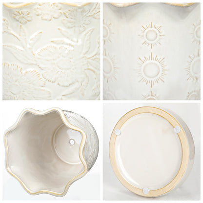Set of 2 Ceramic Flower Pots, 8" & 5.5" Plant Pots Indoor with Drainage Hole and Saucers, Large Embossed Sunflower Planter Pot, Decorative Scalloped Rim Ceramic Pots for Plants Orchid Snake Outdoor