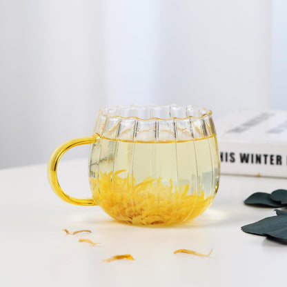 LUATSDAR Halloween Pumpkin Mugs 12 oz Glass Coffee Mugs Set of 4, Drinking Glasses with Yellow Handle, Clear Glass Cups for Hot or Cold Drinks like Cappuccino, Latte, Cocoa, Milk, Tea
