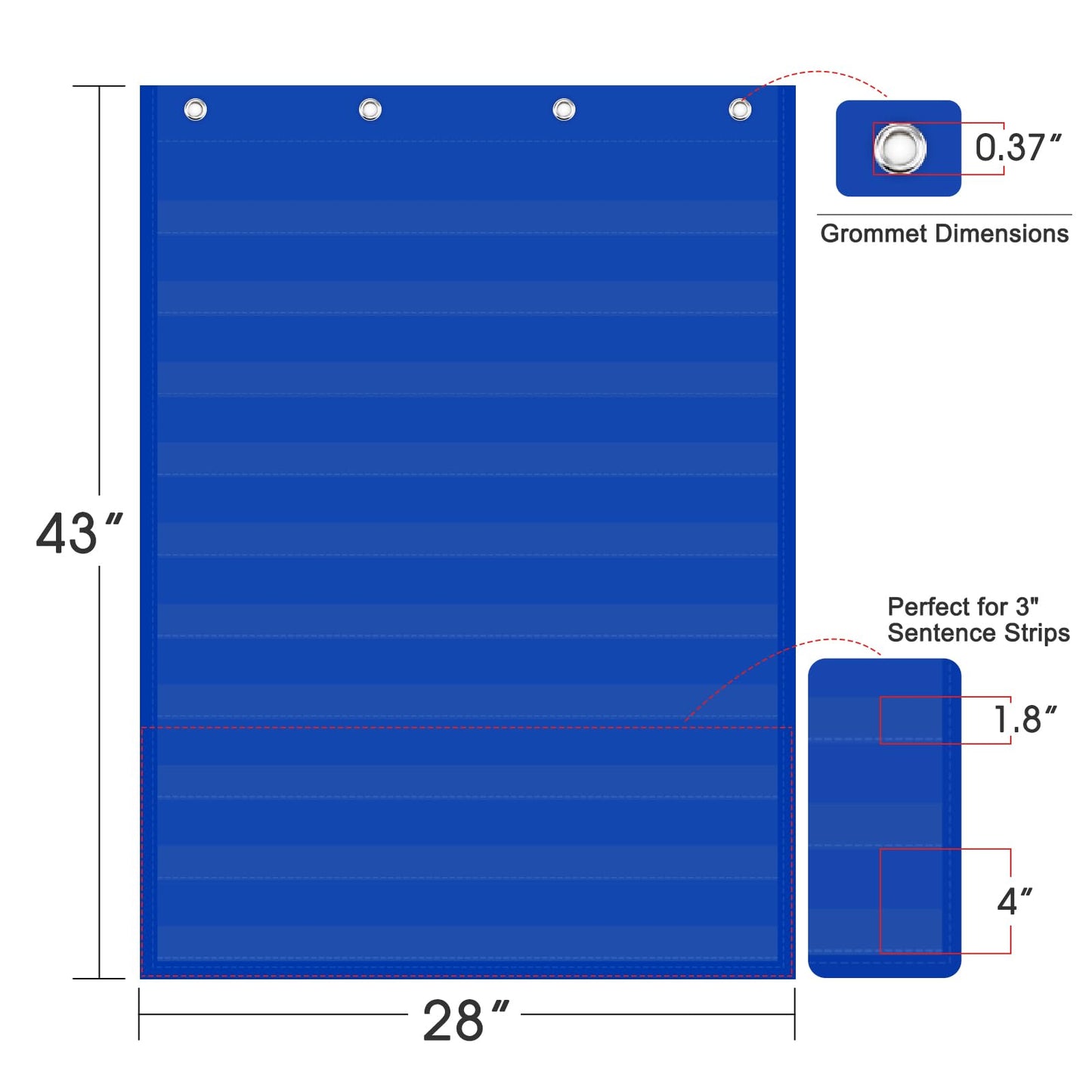 Standard Pocket Chart Clear 10 Pockets Chart for Classroom & Home Heavy Duty Hanging Pocket Chart for Word Wall/Letter Cards/Sentence Strips 28Wx43L,Blue