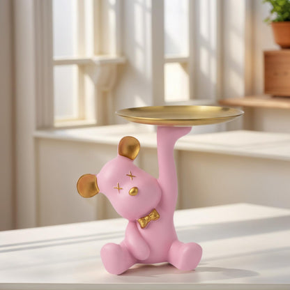 Weyiqet Bear Figurine Tray, Resin Key & Candy Dish Bowl for Entryway Table, Office Desk - Cute Key Holder, Funny Small Candy Dish, Home Decorations Indoor, Bear Home Decor Gift (pink)