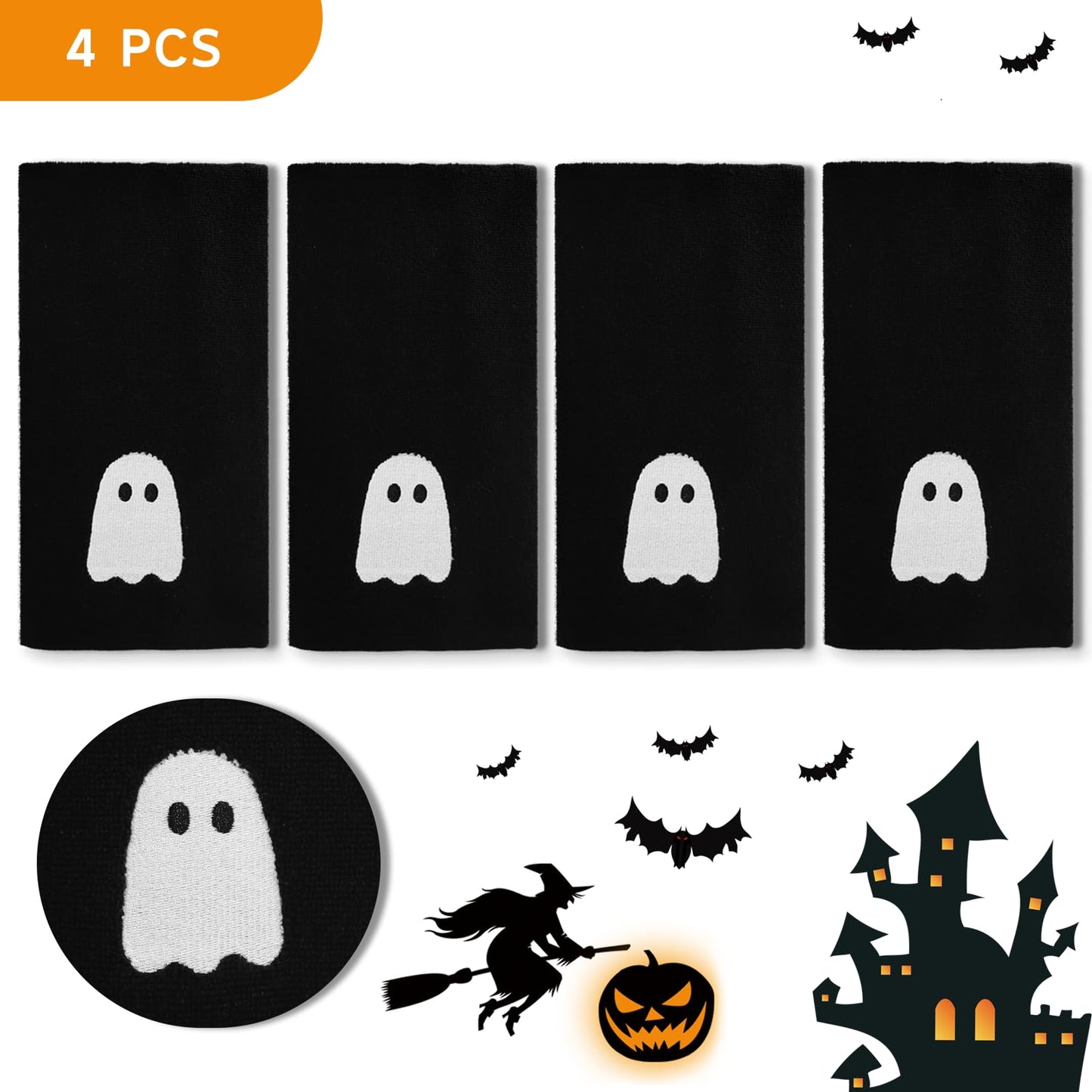 kuchisity 4 Pcs Hand Towels Embroidered Black White Ghost Cotton Dish Towel for Bathroom, Hand Drying, Cleaning, Kitchen, Cooking Gift (27.5x13.7 Inch)