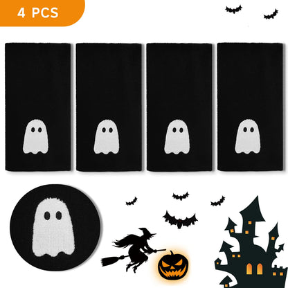 kuchisity 4 Pcs Hand Towels Embroidered Black White Ghost Cotton Dish Towel for Bathroom, Hand Drying, Cleaning, Kitchen, Cooking Gift (27.5x13.7 Inch)