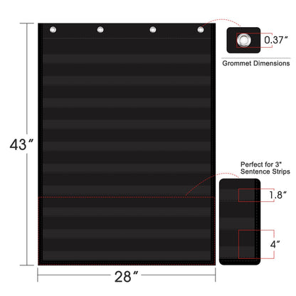 AUVCAS Pocket Chart for Classroom & Homeschool,10 Clear Pocket Hanging Organizer for Sentence Strips,Word Walls & Calendar Display,Holds All Standard Cards,Heavy Duty 43" x 28" - Black