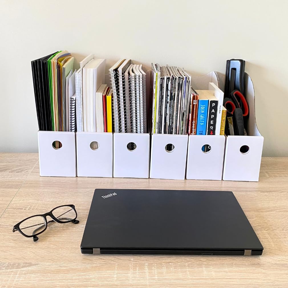 Evelots Magazine File Holder - Set of 24 White - Office Desk Organizer - Sturdy Cardboard - New Upgraded Double Front Panel for More Stability - Full 4 Inch Wide - Easy Assemble