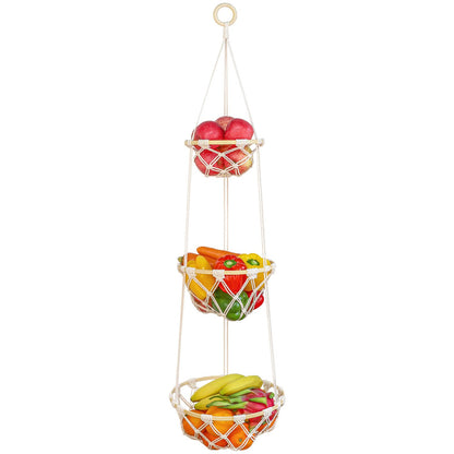 3 Tier Macrame Hanging Fruit Basket, Boho Vegetable Holder for Kitchen Food Storage with Hook, Bohemian Cotton Produce Multi Organizer, Plant Hanger Decor for Home Living Room Women Christmas Gift