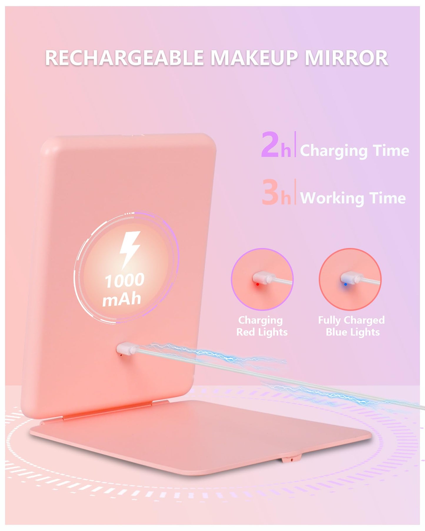 Travel Mirror with Lights Makeup Mirror Touch Screen 3 Colors Light 72 LEDs Rechargeable, 1000mHA 7.9x5.3-Inch Desk Compact Mirror White