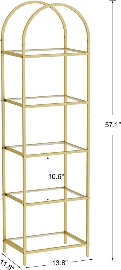 Homhedy Bookshelf Arched Display Racks,Metal Bookcase,Tempered Glass Shelves,Storage Rack Shelf for Home Office,Living Room,Bedroom, Bathroom,Modern Style (Golden, 11.8" D x 13.8" W x 57.1" H)