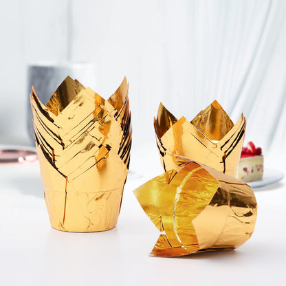 Party Hippo Gold Tulip Cupcake Liners, 100 Count Baking Paper Cups, Greaseproof Cupcake Wrappers for Muffins, Cupcakes, Wedding, Birthday, Baby Shower