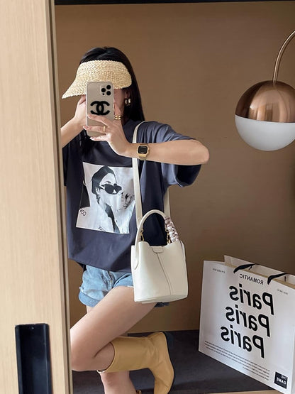RTPRTP Small Crossbody Bags for Women, Vegan Leather Mini Bucket Handbag with Scarf, Removable Shoulder Strap Purse (white)