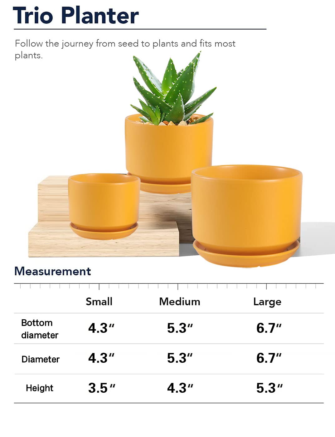 WHOMEPAA Ceramic Plant Pots with Drainage Hole and Saucer,Modern Indoor Pots for Plants,Ceramic Planter 6.7/5.3/4.3 inchs Set of 3,Indoor Flower Pot with Hole Mesh Pad, for Mom,Yellow