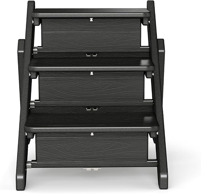 Dog Stairs and Steps, HDPE Plastic Wood Grain, 2-in-1 Foldable Pet Ramp for Small and Medium Dogs and Cats, for Bed Couch and Car, No Assembly Required, Supports Up to 150lbs, Black