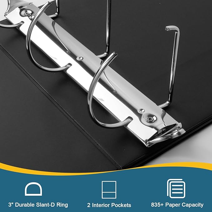4" 3 Ring Binder, Standard 4-Inch Slant-D Ring Binder Fit Letter Size Paper, Presentation View Binders, 6 Packs, Black