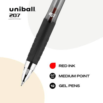uni-ball® 207™ Retractable Fraud Prevention Gel Pens, Medium Point, 0.7 mm, Black Barrels, Red Ink, Pack of 12