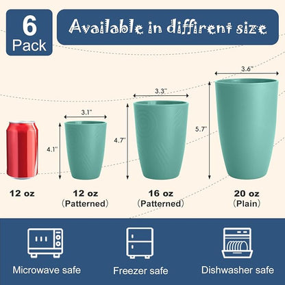 20 OZ Large Wheat Straw Cups Set of 6, Unbreakable Reusable Plastic Cup Alternative, Dishwasher Safe Drinking Cups & Tumblers for Kitchen, Outdoor, Green