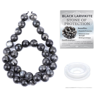 CMBYN Natural Stone Beads Round Genuine Real Stone Beading Strand Loose Gemstones DIY Smooth Bead for Bracelet Necklace Earrings Jewelry Making (Black Larvikite, 10mm 36 Pieces)