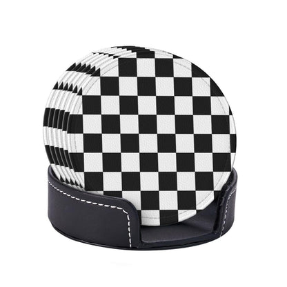 Black Checkered Leather Coasters Set of 6 with Holders for Drinks Cups, White Plaid 3.9" Round Coasters 6 Pcs for Coffee Bar Table Decor