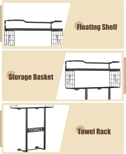 Wall Mounted Towel Rack for Bathroom - Bath Storage Holder Set Above Toilet, Rolled Towel Shelf Organizer, Wood Vertical Rack for Small Bathroom Decor, Black