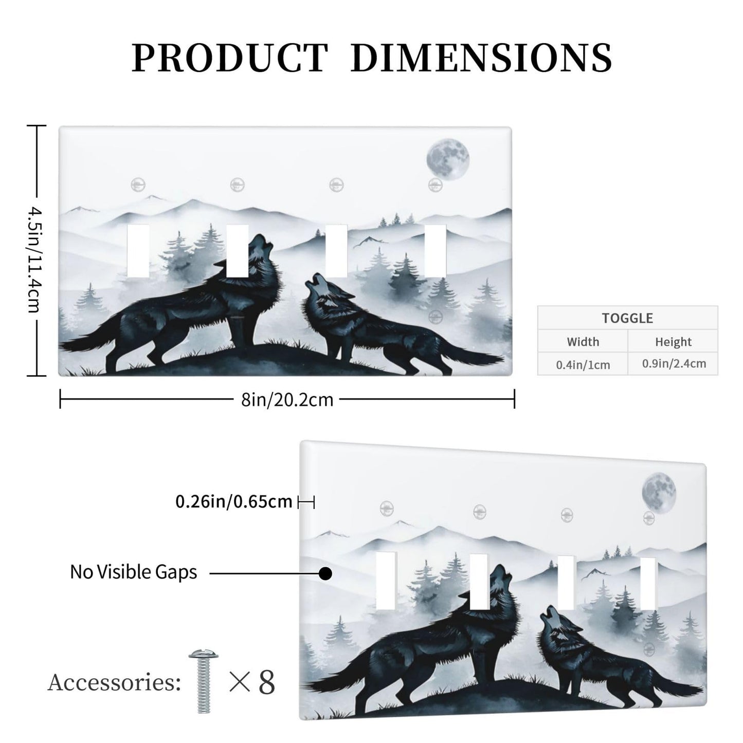 Spshian Light Switch Cover Black White Ink Forest Wolf Moon Mountain 4 Gang Switch Plate Covers Quad Toggle Wall Plates Decorative Switchplate Electrical Faceplate for Bathroom Bedroom Decor