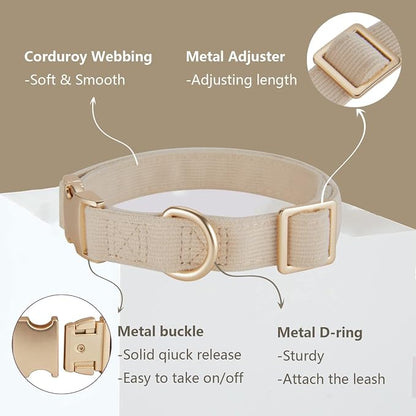 Soft Corduroy Dog Collar and Leash Set Adjustable Durable Wedding Dog Collars with Metal Buckle and Lead for Medium Dogs,Beige