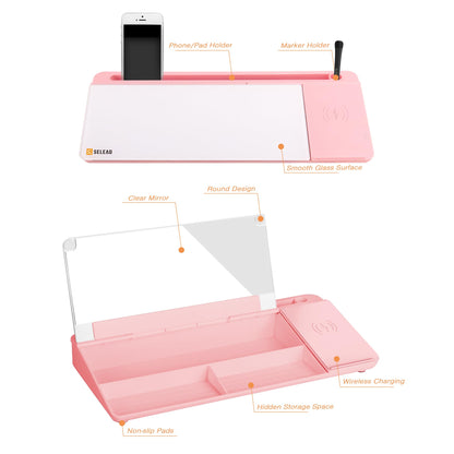 SELEAD Desktop Glass Whiteboard with Wireless Charger Station and Mirror, Desk Dry Erase Board Computer Pad Keyboard Stand with Organizer for Home, School, Office Accessories for Women, Pink