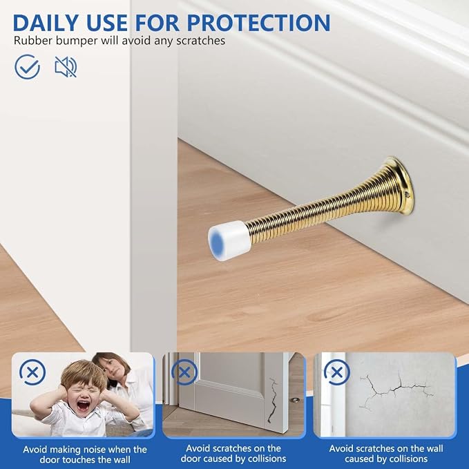 KISEER 12 Pack Spring Door Stops 3 1/4 Inch Flexible Heavy Duty Spring Door Stopper with RustProof Screw Rubber Bumper Tips (Gold)