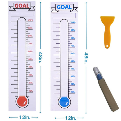 2 Pcs Fundraising Thermometer Goal Chart Poster Sticker, 48" x 12" Dry Erase Self-Adhesive Goal Trackers: Ideal for Fundraising Campaigns, Non-Profit Events, Charity Drives & Community Projects