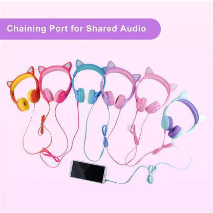 Olyre Kids Headphones, Safe 85db Volume Control Light Up Cat Ear Headphones for iPad Fire Tablet Kindle, On-Ear LED Children Headphones for School Learning Travel - Purple/Pink