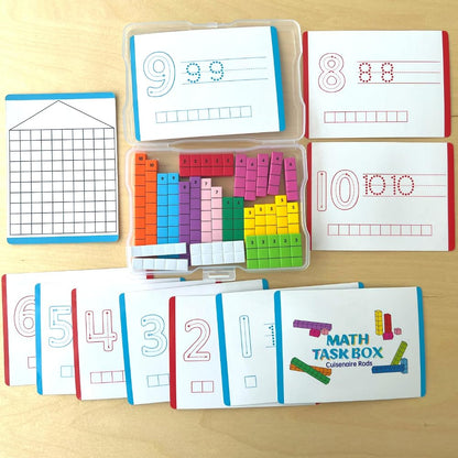 Math Task Boxes Set of 5 Math Manipulatives Themes 230+ Pieces of Number Rods, Base Ten Blocks, Ten Frame Disc Counters, Place Value Blocks, 0-9 Numbers, 3D Shapes, Activity Cards (Number Rods)