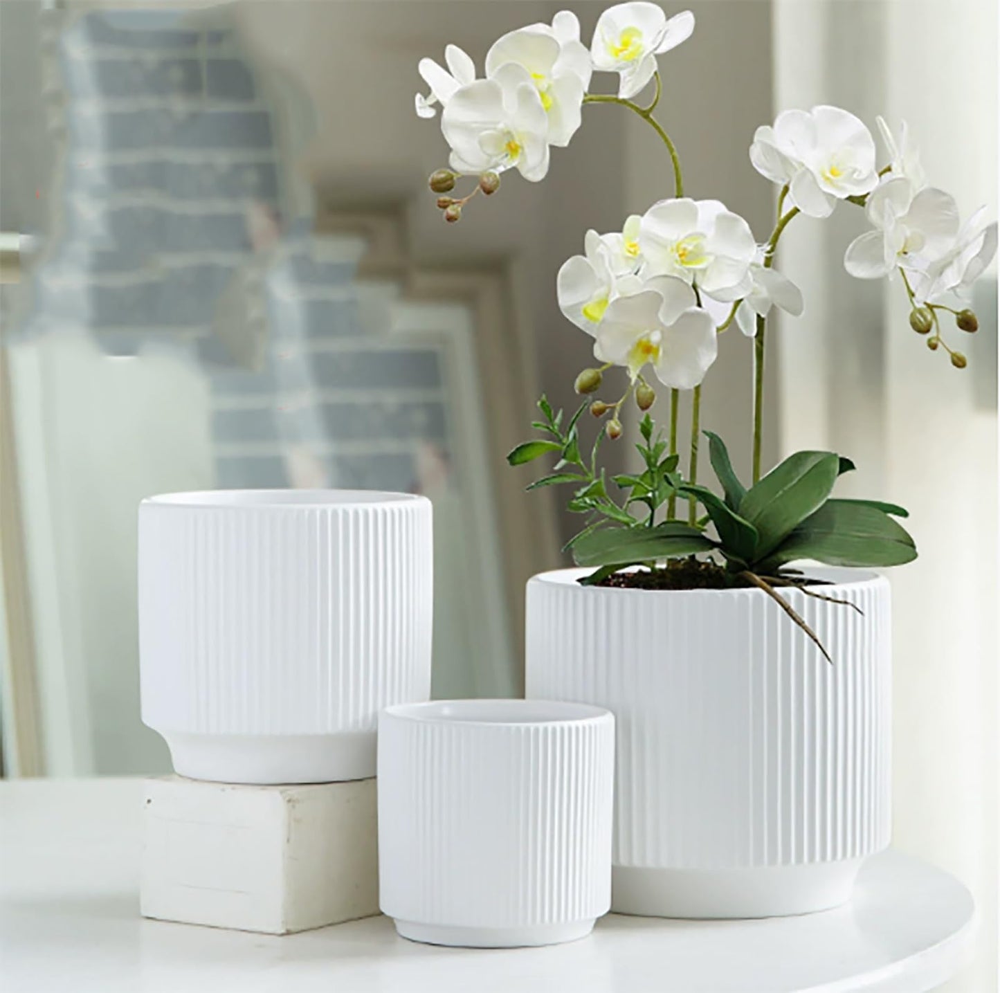 Puoyikt Ceramic 4.9+6.3 inch Planters, Modern Home and Office Flowerpot, Indoor and Outdoor Flowerpot with Drainage Hole (White)